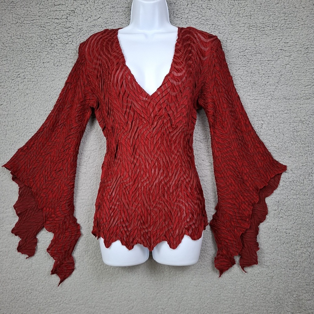Women's Red Crinkle Whimsigoth Long Sleeve Wrap Top Scalloped Hem V neck XL-2X